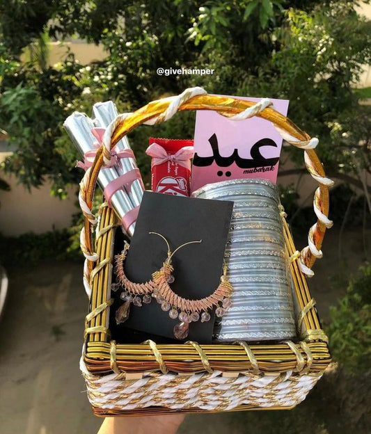 Eid Gift Hamper – Bangles, Jhumkas, Mehndi Cone & Eid Card Basket